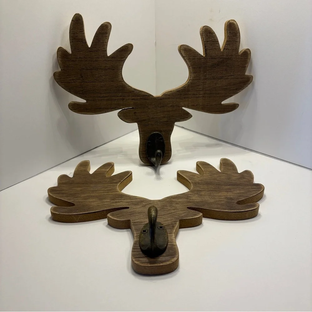Moose antler wooden wall decor with hooks